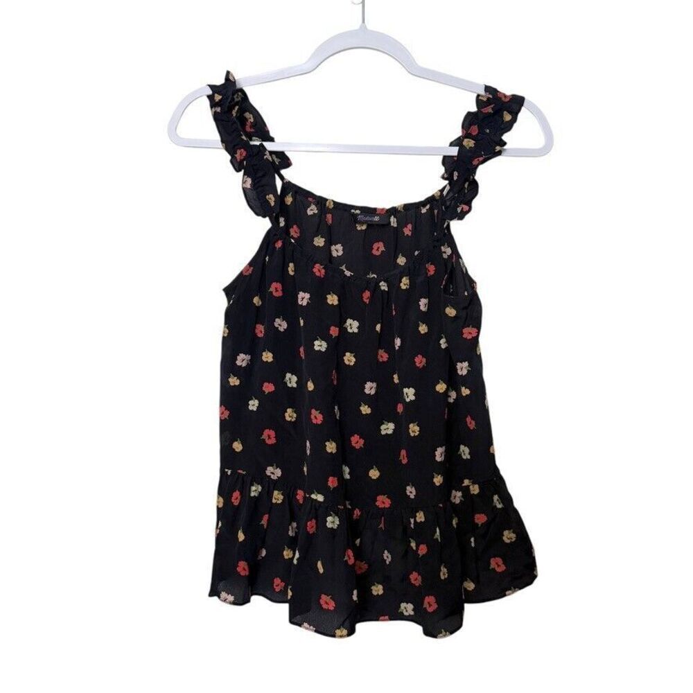 Madewell Silk Blend Floral Ruffle-Strap Cami Top Women 4 Navy Multi Boho‎ Casual